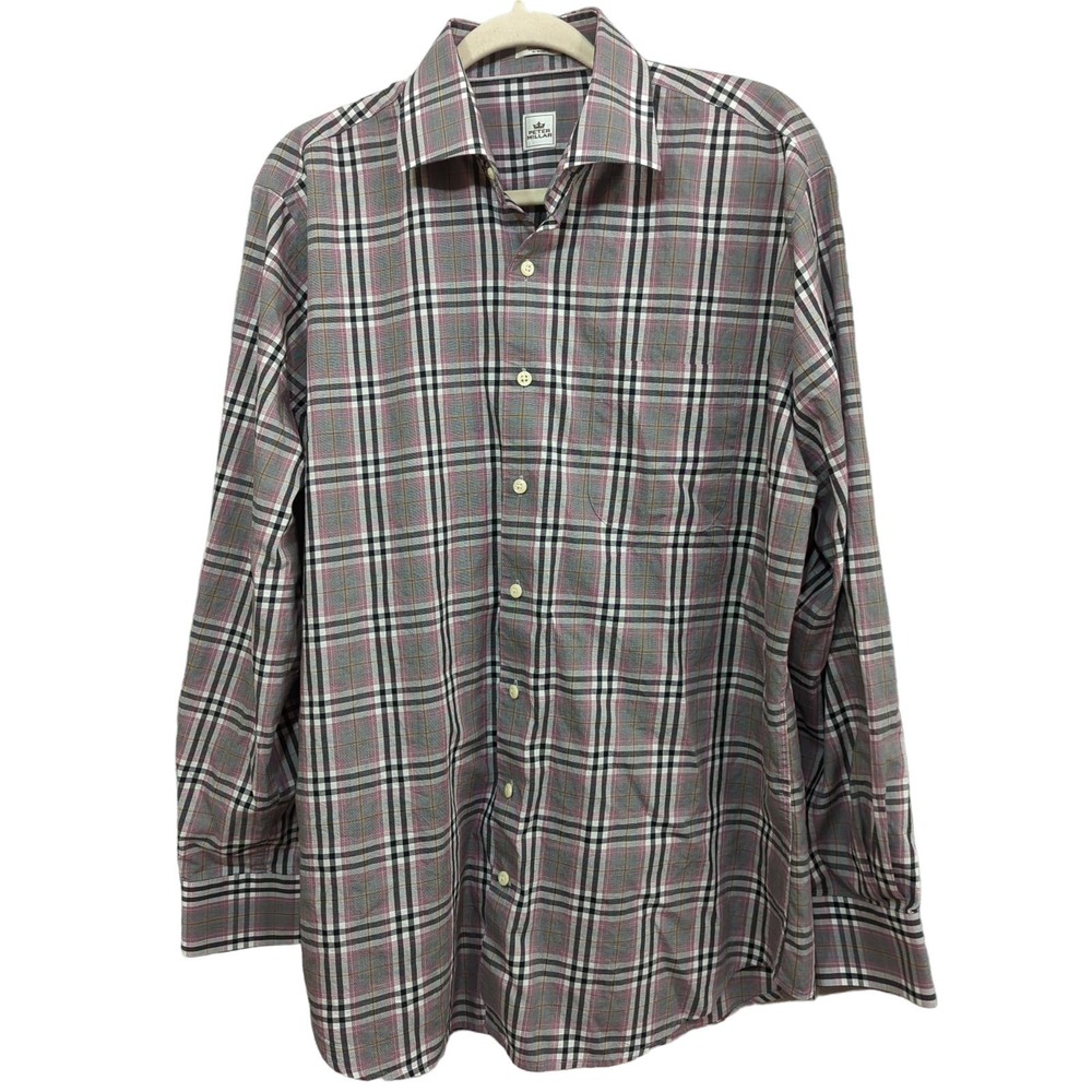 Peter Millar Shirt‎ Mens Large Plaid Gray Long Sleeve